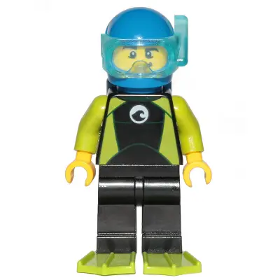 Diver - Male, Black Wetsuit with White Logo and Lime Trim and Flippers, Blue Helmet and Air Tanks