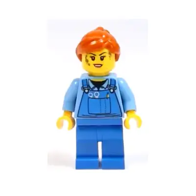 Mechanic Female, Medium Blue Shirt and Blue Overalls, Dark Orange Ponytail