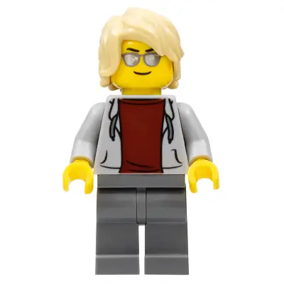 Sports Car Driver, Light Bluish Gray Hoodie with Dark Red Shirt, Tan Hair Swept Back Tousled