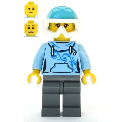 Skier - Female, Bright Light Blue Hoodie, Medium Azure Ski Helmet, Ponytail