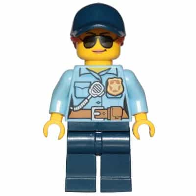 Police - City Officer Female, Bright Light Blue Shirt with Badge and Radio, Dark Blue Legs, Dark Blue Cap with Dark Orange Ponytail, Sunglasses