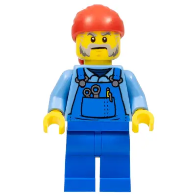 Tow Truck Driver - Male, Blue Overalls over Medium Blue Shirt, Blue Legs, Red Bandana, Beard, Back Print
