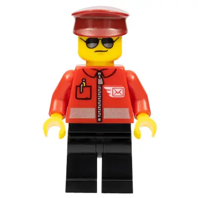 Post Office - Airmail Letter Logo and Red Jacket with Zipper, Dark Red Hat, Black Legs, Sunglasses