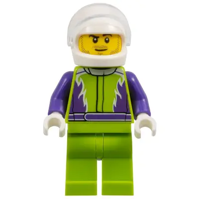 Monster Truck Driver, Lime Legs and Jacket with Purple Flames and Arms, White Helmet