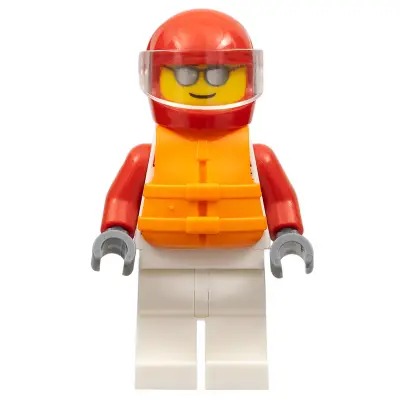 Race Boat Driver - Male, White and Red Racing Suit with 'XTREME' Logo, White Legs, Red Helmet, Trans-Clear Visor, Orange Life Jacket, Sunglasses