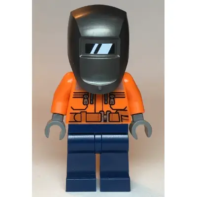 Welder - Male, Orange Safety Jacket, Reflective Stripe, Sand Blue Hoodie, Dark Blue Legs, Black Helmet, Pearl Dark Gray Welding Visor