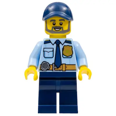 Police - City Officer Shirt with Dark Blue Tie and Gold Badge, Dark Tan Belt with Radio, Dark Blue Legs, Dark Blue Cap, Full Beard