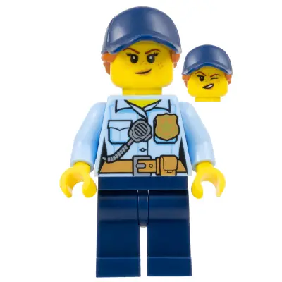 Police - City Officer Female, Bright Light Blue Shirt with Badge and Radio, Dark Blue Legs, Dark Blue Cap with Dark Orange Ponytail, Freckles