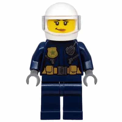 Police - ATV Driver Female, Leather Jacket with Gold Badge and Utility Belt, White Helmet, Trans-Clear Visor, Nougat Lips Smirk