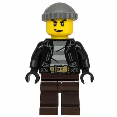 Police - City Bandit Crook, Black Leather Jacket, Dark Bluish Gray Knit Cap, Dark Brown Legs