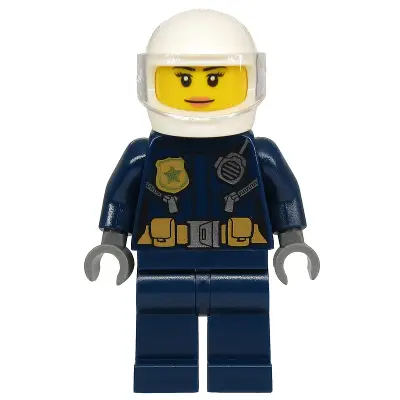 Police - City Motorcyclist Female, Leather Jacket with Gold Badge and Utility Belt, White Helmet, Trans-Clear Visor, Nougat Lips