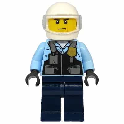 Police - City Motorcyclist, Safety Vest with Police Badge, Dark Blue Legs, White Helmet, Trans-Clear Visor