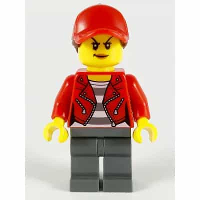Police - City Bandit Crook, Red Jacket, Red Ball Cap with Reddish Brown Ponytail, Dark Bluish Gray Legs