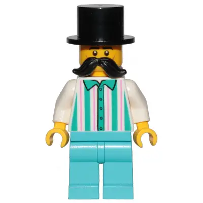 Fairground Employee, Male - Black Top Hat, Moustache, White Shirt with Stripes, Medium Azure Legs