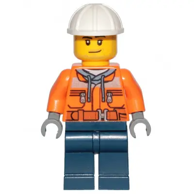 Construction Worker - Male, Orange Safety Jacket, Reflective Stripe, Sand Blue Hoodie, Dark Blue Legs, White Construction Helmet, Stubble