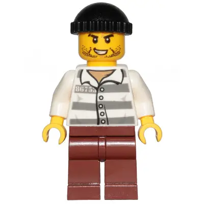 Police - Jail Prisoner 86753 Prison Stripes, Black Knit Cap, Reddish Brown Legs, Beard Stubble and Lopsided Grin