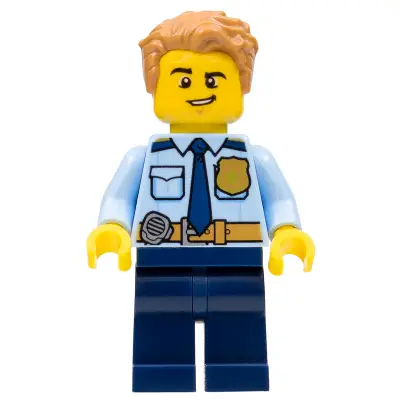 Police - City Officer Shirt with Dark Blue Tie and Gold Badge, Dark Tan Belt with Radio, Dark Blue Legs, Medium Nougat Tousled Hair