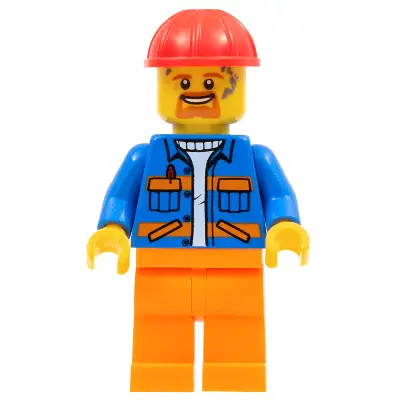 Blue Jacket with Diagonal Lower Pockets and Orange Stripes, Orange Legs, Red Construction Helmet