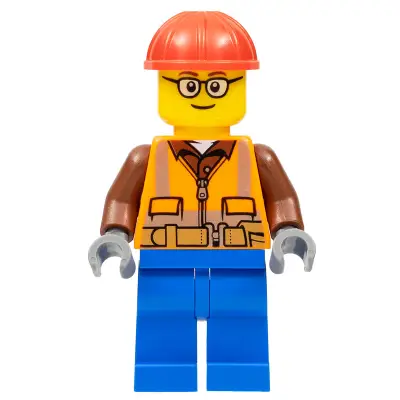 Construction Worker - Male, Orange Safety Vest, Reflective Stripes, Reddish Brown Shirt, Blue Legs, Red Construction Helmet, Glasses