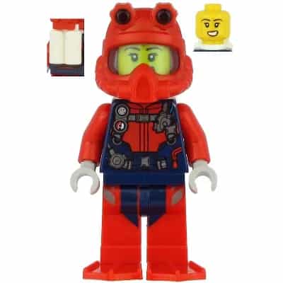 Scuba Diver - Female, Open Mouth, Red Helmet, White Air Tanks, Red Flippers