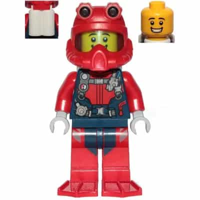 Scuba Diver - Male, Open Mouth Smile, Red Helmet, White Air Tanks, Red Flippers
