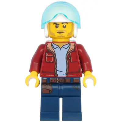 Man, Dark Red Jacket with Bright Light Blue Shirt, Dark Blue Legs with Belt, White Flight Helmet, Trans-Light Blue Flight Visor, Stubble (Helicopter Pilot)