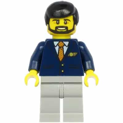 Steward - Male, Black Hair, Dark Blue Suit with Striped Tie, Light Bluish Gray Legs