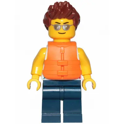 Tank Top with Surfer Silhouette, Dark Blue Legs, Reddish Brown Hair Spiked, Life Jacket 2 Straps, Silver Sunglasses