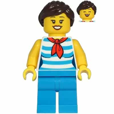 Diner Employee - Female, Dark Azure and White Striped Shirt with Red Scarf, Dark Azure Legs, Dark Brown Ponytail