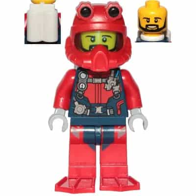 Scuba Diver - Male, Open Mouth, Black Beard, Red Helmet, White Air Tanks, Red Flippers