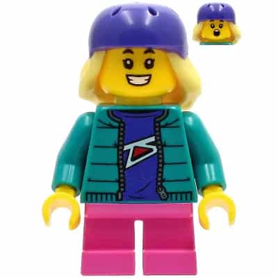 Child - Girl, Dark Turquoise Jacket over Dark Purple Shirt, Dark Pink Short Legs, Dark Purple Bicycle Helmet with Bright Light Yellow Hair