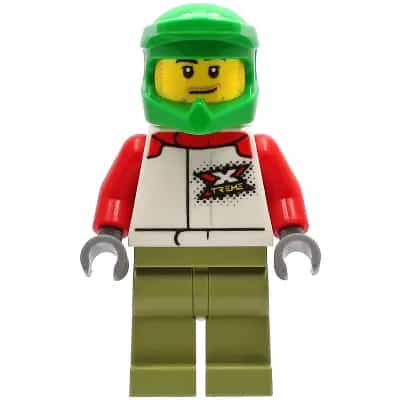 Wheelchair Athlete - Male, White and Red Racing Suit with 'XTREME' Logo, Olive Green Legs, Bright Green Dirt Bike Helmet, Stubble