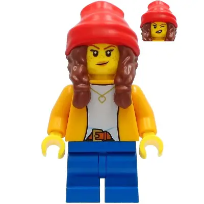 Girl - Bright Light Orange Jacket, Blue Medium Short Legs, Reddish Brown Hair with Braids and Red Beanie