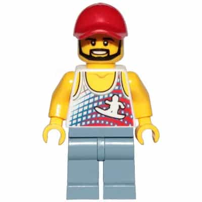 Skater - Tank Top with Surfer Silhouette, Sand Blue Legs, Red Cap, Black Angular Beard