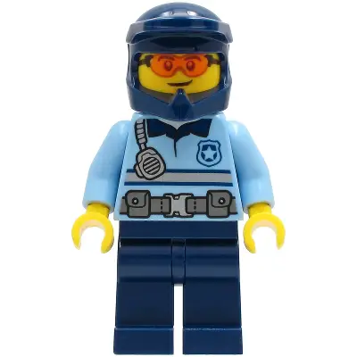 Police - City Officer Bright Light Blue Shirt with Silver Stripe, Badge, and Radio, Dark Blue Legs, Dark Blue Dirt Bike Helmet, Safety Glasses