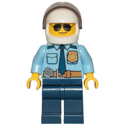 Police - City Officer Shirt with Dark Blue Tie and Gold Badge, Dark Tan Belt with Radio, Dark Blue Legs, White Helmet, Sunglasses