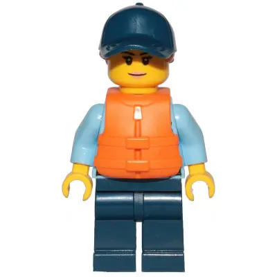Police - City Officer Female, Bright Light Blue Shirt with Badge and Radio, Dark Blue Legs, Dark Blue Cap with Dark Orange Ponytail, Life Jacket