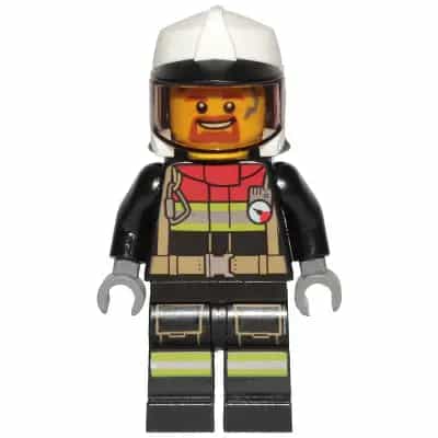 Fire - Male, Black Jacket and Legs with Reflective Stripes and Red Collar, White Fire Helmet, Trans-Brown Visor, Dark Orange Goatee