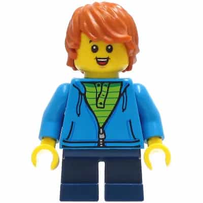 Child - Boy, Dark Azure Hoodie, Dark Blue Short Legs, Dark Orange Tousled Hair, Freckles, Smile with Teeth and Tongue