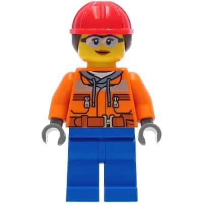 Construction Worker - Female, Orange Safety Jacket, Reflective Stripe, Sand Blue Hoodie, Blue Legs, Red Construction Helmet with Dark Brown Ponytail Hair, Safety Glasses
