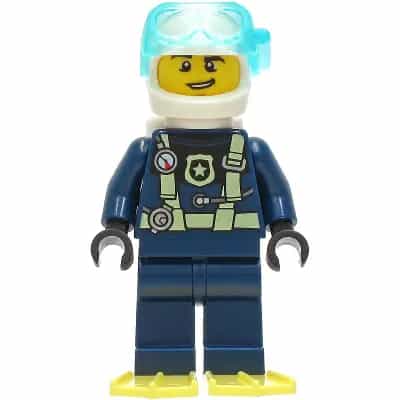 Police - City Officer Dark Blue Diving Suit with Bright Light Yellow Harness, White Helmet, White Air Tanks, Bright Light Yellow Flippers