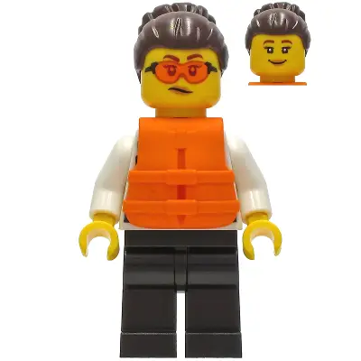 Police - Officer Gracie Goodhart, Dark Blue Vest, Black Legs, Dark Brown Hair with Bun, Safety Glasses, Orange Life Jacket