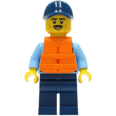 Police - City Officer Shirt with Dark Blue Tie and Gold Badge, Dark Tan Belt with Radio, Dark Blue Legs, Dark Blue Cap, Orange Life Jacket