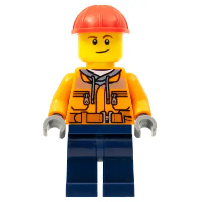 Construction Worker - Male, Orange Safety Jacket, Reflective Stripe, Sand Blue Hoodie, Dark Blue Legs, Red Construction Helmet, Lopsided Smile