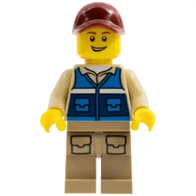 Wildlife Rescue Worker - Male, Dark Red Cap, Blue Vest with 'RESCUE' Pattern on Back, Dark Tan Legs with Pockets