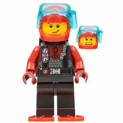 Diver - Male, Red Helmet, Black Air Tanks, Red Flippers