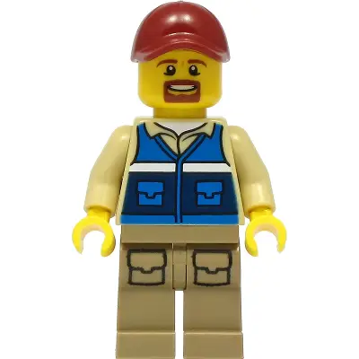 Wildlife Rescue Worker - Male, Dark Red Cap, Blue Vest with 'RESCUE' Pattern on Back, Dark Tan Legs with Pockets, Beard