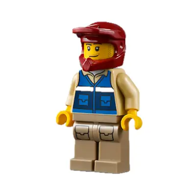 Wildlife Rescue Explorer - Male, Blue Vest with 'RESCUE' Pattern on Back, Dark Red Helmet, Dark Tan Legs with Pockets, Beard