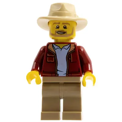 Man, Dark Red Jacket with Bright Light Blue Shirt, Dark Tan Legs, Tan Fedora Hat, Beard (Larry Jones, Adventurer)