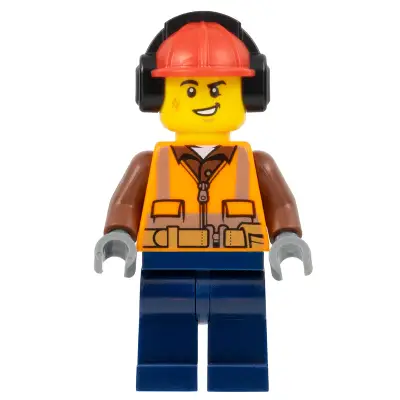 Construction Worker - Male, Orange Safety Vest, Reflective Stripes, Reddish Brown Shirt, Dark Blue Legs, Red Construction Helmet with Black Ear Protectors / Headphones, Lopsided Smile